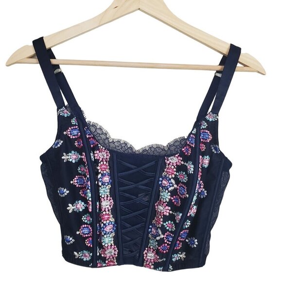 Victoria's Secret Dream Angels Corset Bra M DD Navy Blue Floral Victorian Sexy - Picture 1 of 6